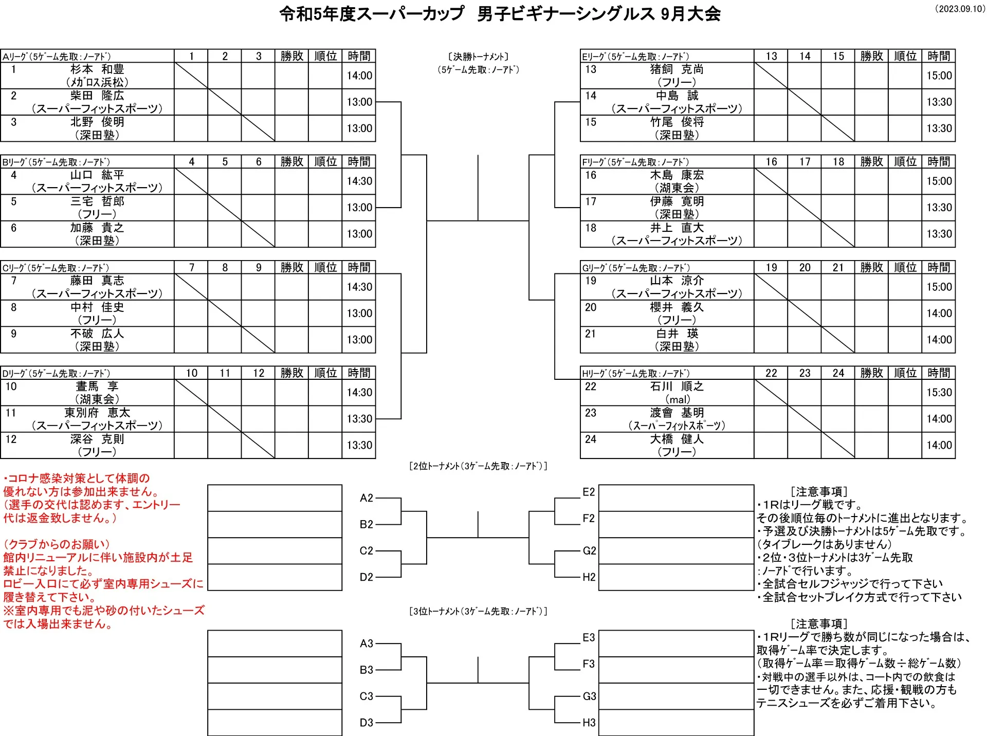 9/10（日）スーパーカップ男子ビギナーシングルス　ドロー発表