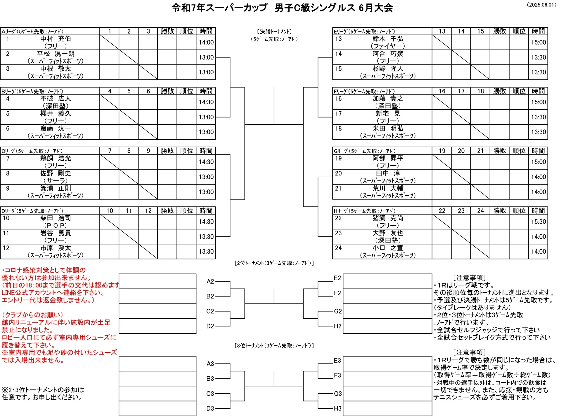 【ドロー発表】6/1（日）男子C級シングルス