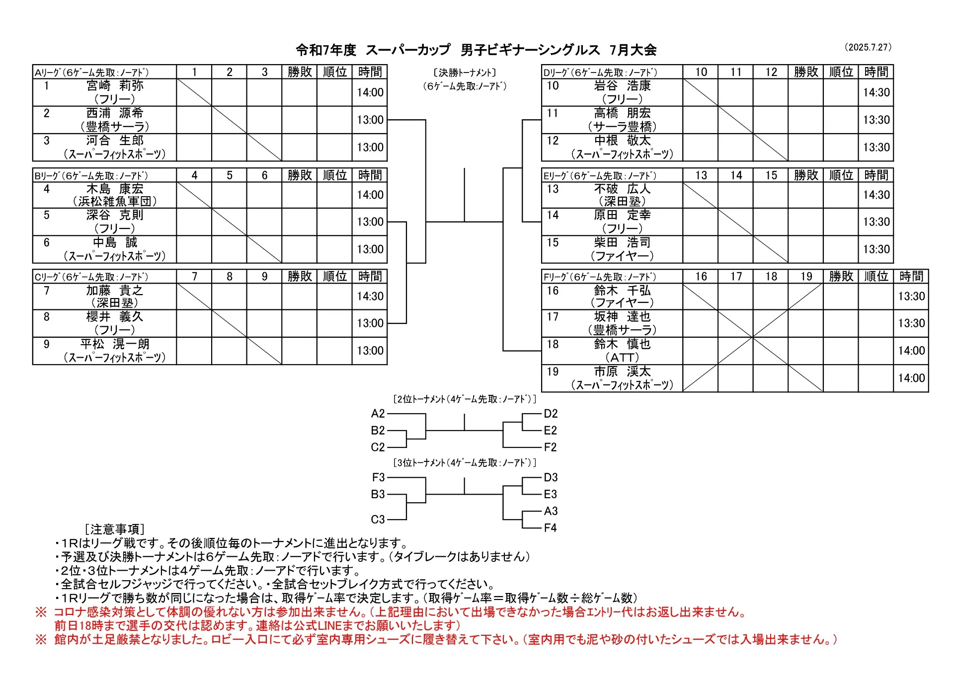 【ドロー発表】7/27（日）男子ビギナーシングルス