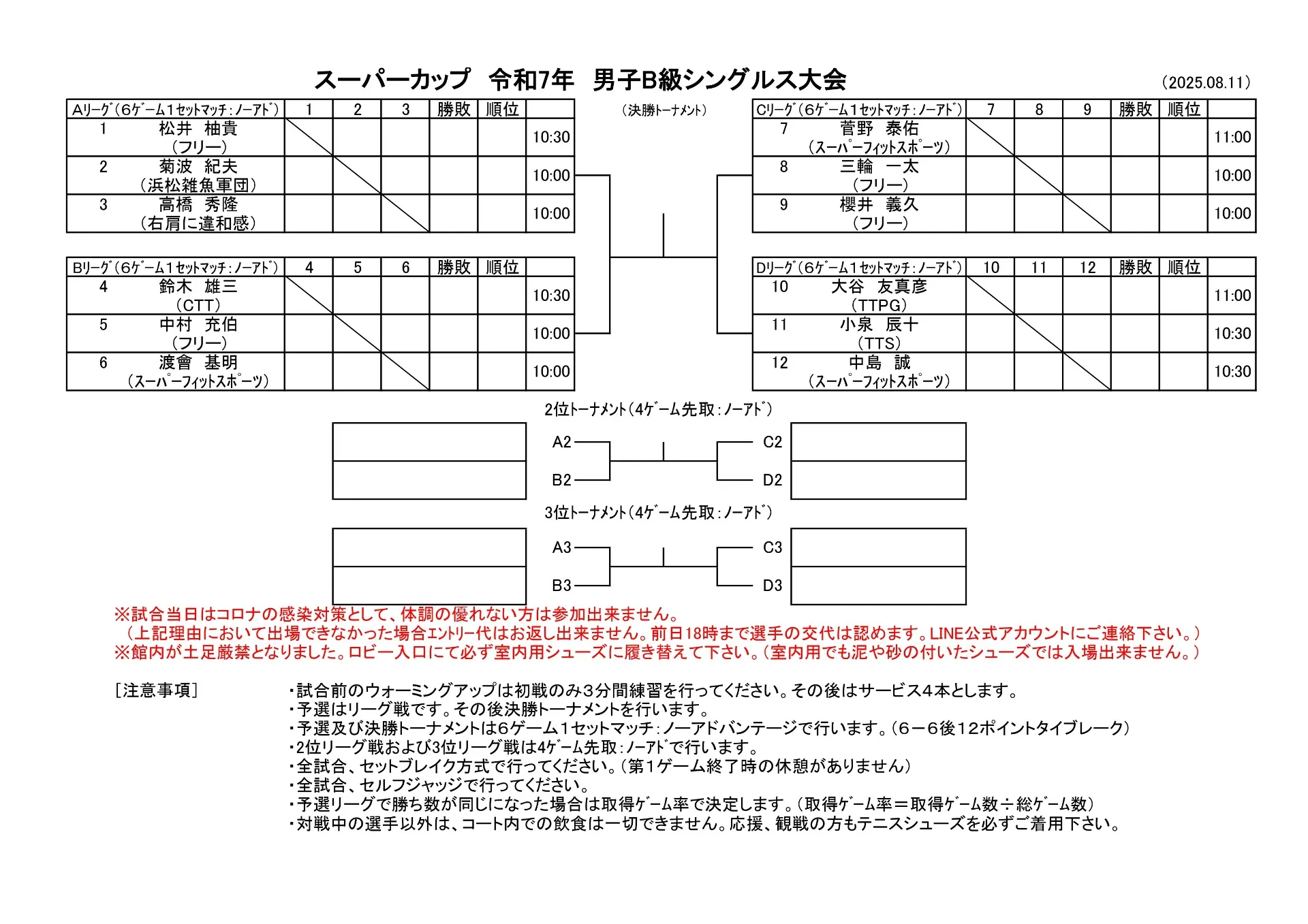 【ドロー発表】8/11（月・祝）男子B級シングルス