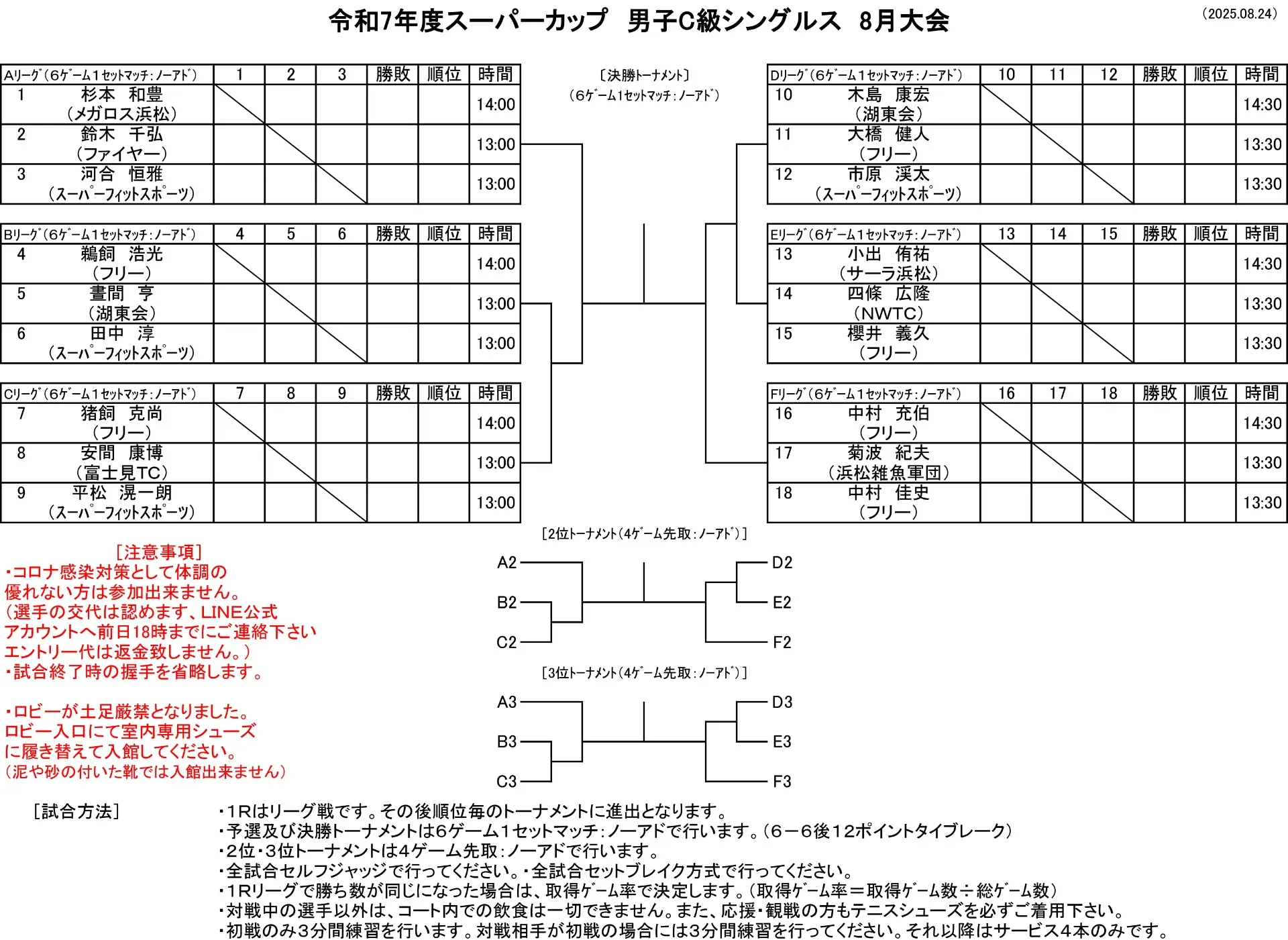 【ドロー発表】8/24（日）男子C級シングルス