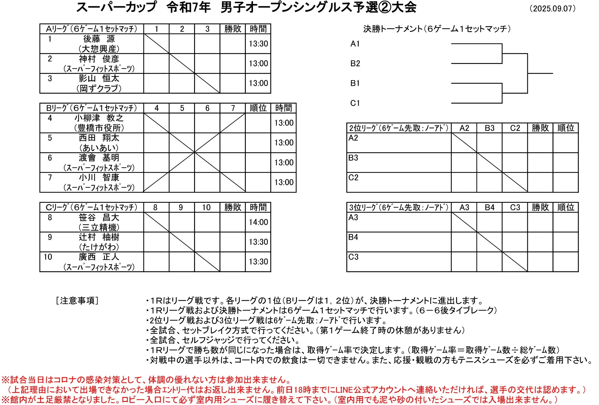 【ドロー発表】9/7男子オープンシングルス予選②