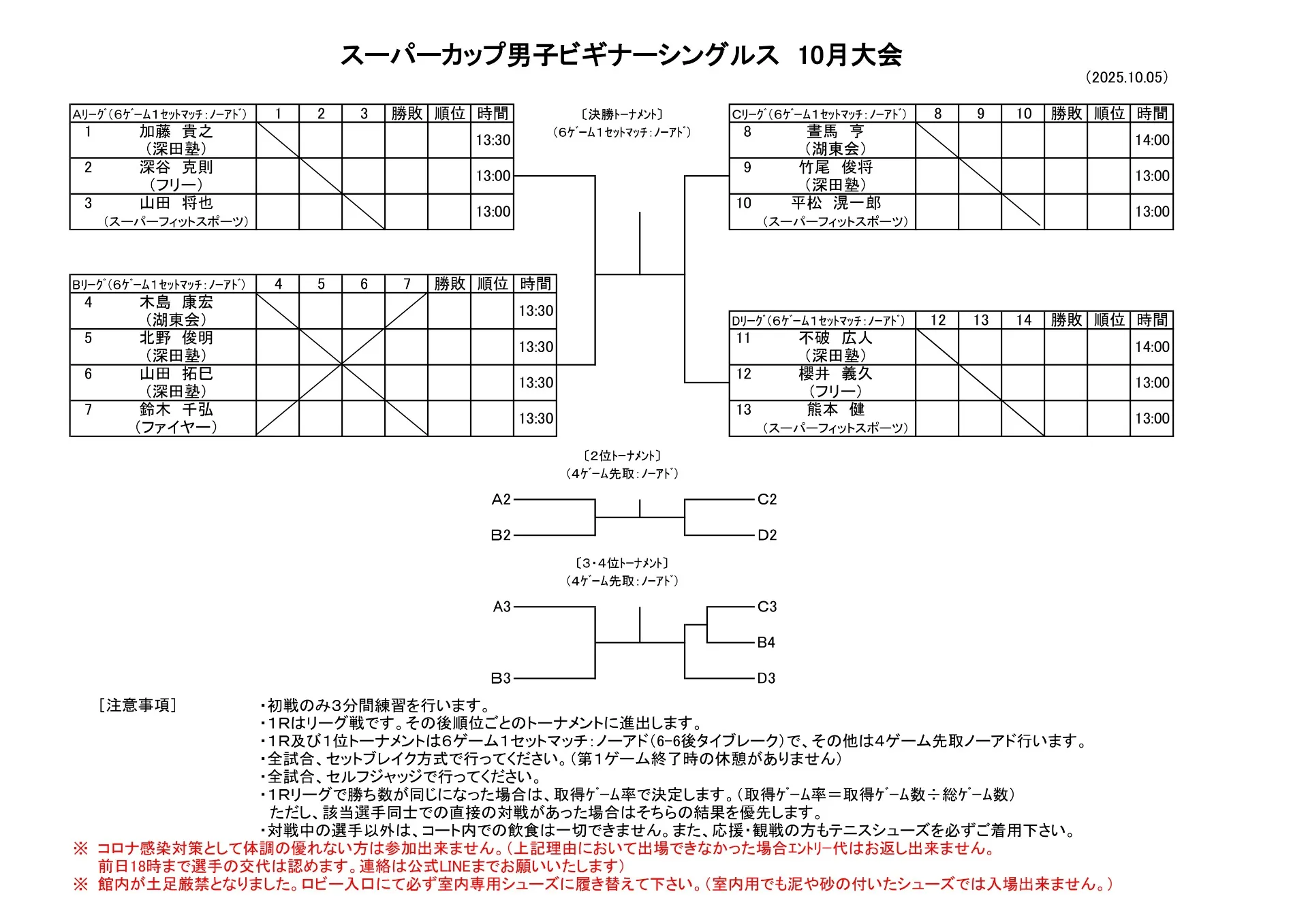 【ドロー発表】10/5（日）男子ビギナーシングルス