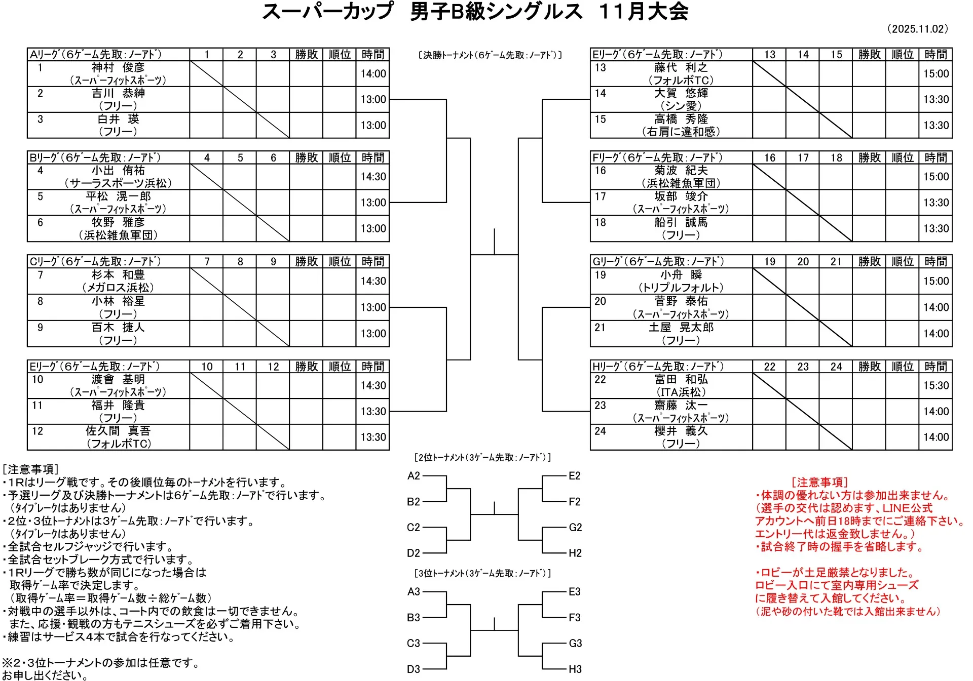 【ドロー発表】11/2（日）男子B級シングルス